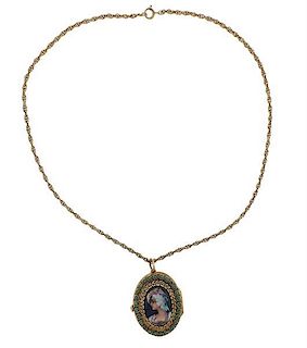 14k Gold Turquoise Enamel Locke Pendant Necklace