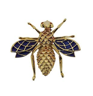 18k Gold Enamel Bee Brooch Pin