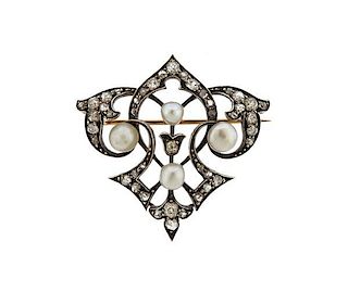 Antique 14k Gold Silver Diamond Pearl Brooch  Pin