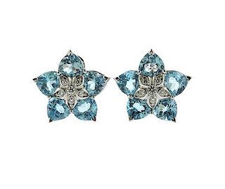 18k Gold Diamond Blue Stone Flower Earrings