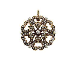 Antique 14k Gold Pearl Diamond Brooch Pendant