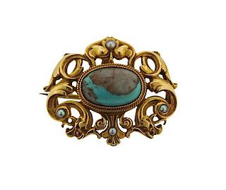 14K Gold Pearl Blue Stone Brooch Pendant
