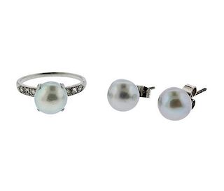 Platinum Diamond Pearl Earrings Ring Set