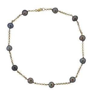 18k Gold Tahitian Pearl Station Necklace