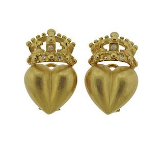 18k Gold Diamond Crown Heart Earrings