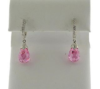 14k Gold Diamond Pink Stone Briolette Earrings