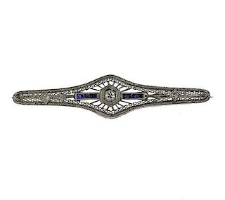 Art Deco 14k Gold Diamond Blue Stone Brooch Pin