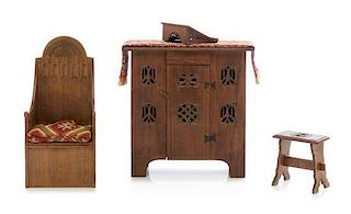Four Gothic Style Furniture Articles, Height of aumbry 4 x width 3 7/8 x depth 1 1/2 inches.
