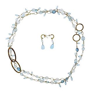 14K Gold Blue Stone Necklace Earrings Set
