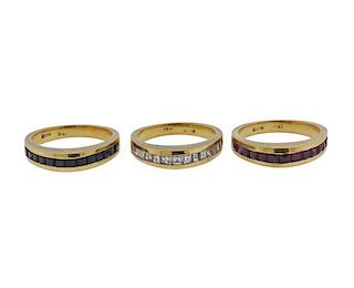 Gucci 18k Gold Diamond Sapphire Ruby Band Ring Set of 3