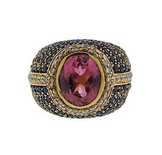 18k Gold 4ct Tourmaline Diamond Sapphire Ring