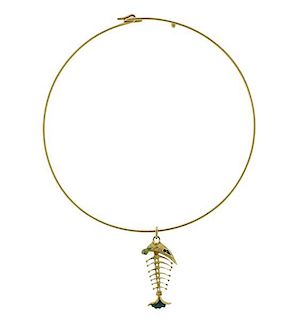 Cartier 18k Gold Necklace Enamel Fish Bone Pendant