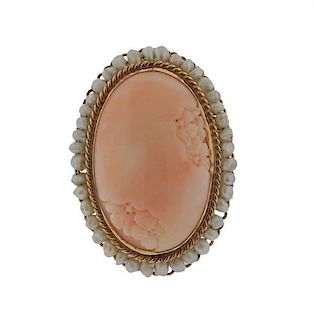 14k Gold Carved Coral Pearl Ring