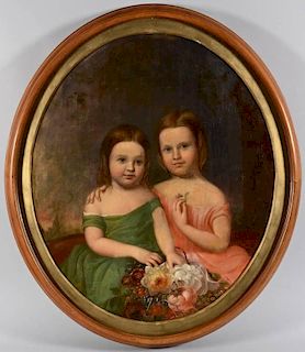 Oval Oil on Portrait of 2 Young Girls w/ Flowers