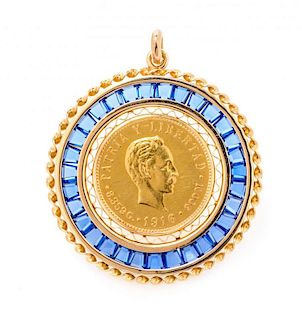 A Yellow Gold, Republic of Cuba Cinco Peso Gold Coin and Synthetic Sapphire Pendant, 11.00 dwts.