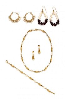 A Collection of 14 Karat Yellow Gold and Cultured Pearl Jewelry, 32.50 dwts.