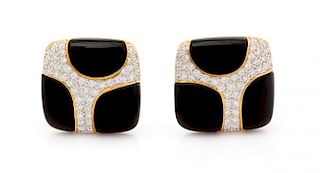 A Pair of 18 Karat Yellow Gold, Diamond and Onyx Earclips, 10.40 dwts.