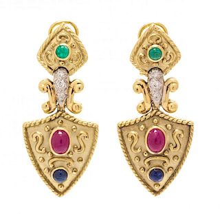 A Pair of 14 Karat Yellow Gold, Diamond and Multigem Pendant Earrings, Via, 15.00 dwts.