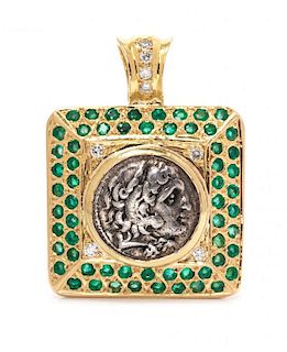 A Yellow Gold, Macedonian Silver Drachm Coin, Diamond and Emerald Pendant, 15.50 dwts.