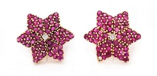 A Pair of 14 Karat Yellow Gold, Ruby and Diamond Star Motif Earrings, 6.40 dwts.