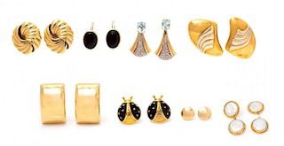 A Collection of Yellow Gold and Gemstone Earrings, 32.00 dwts.