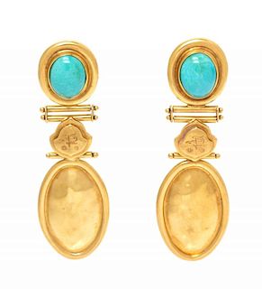 A Pair of 18 Karat Yellow Gold and Turquoise Earrings, 6.50 dwts.