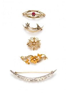 A Collection of Vintage Yellow Gold, Platinum and Pearl Brooches, 7.60 dwts.