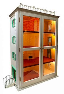 A Painted Dollhouse Cabinet, Height 49 x width 33 x depth 18 inches.