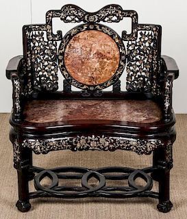 Antique Chinese Hardwood, Stone & Inlay Throne Chair