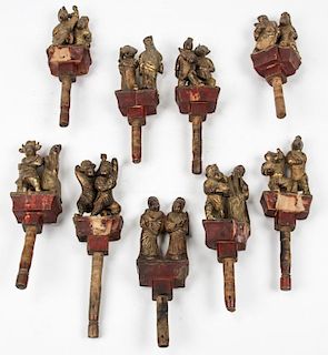 10 Antique Chinese Wood Figural Carvings on Handles