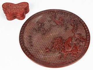 Chinese Cinabar Box and Carved Plaque