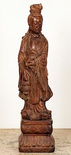 Tall Carved Wood Kwan Yin Statue