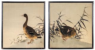 Pair of Meiji Period Japanese Yuzen Birodo Paintings