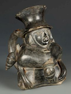 Mochica Figural Stirrup Blackware Vessel, 200 - 450 CE