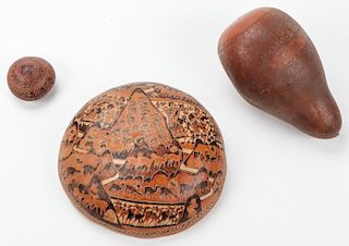 3 Vintage Highly Detailed Incised Gourds, Peru