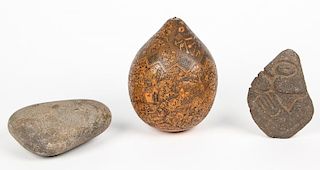 2 Carved Stones & Incised Peruvian Gourd