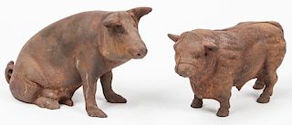 2 Antique Cast Iron Bovine and Pig Banks