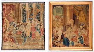 2 Antique Continental Framed Pictorial Tapestries