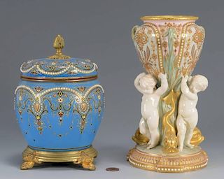 European jeweled porcelain and glass vase and jar