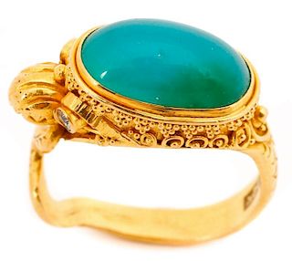 Animal Head Ring, Green Chrysoprase & 14k Gold