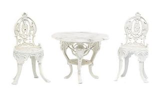 * A White Painted Metal Cafe Suite, Height of table 2 1/8 x diameter of top 2 3/4 inches.