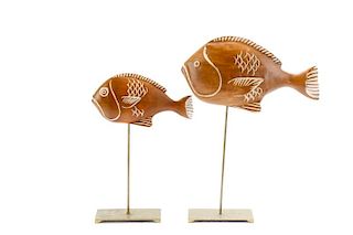 Pair of MCM Sarreid Carved Wood Fish Sculptures