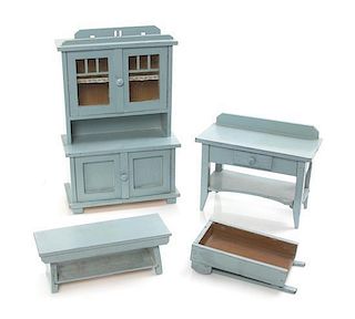 * Four Blue Painted Furniture Articles, Height of cupboard 9 3/4 x width 6 1/8 x depth 2 7/8 inches.