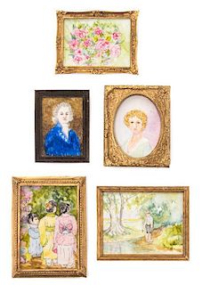 * Cookie Ziemba, (American, 20th century), Boggy Creek, Man in Blue, Margaret, Pink Peonies and In a Japanese Garden (five works