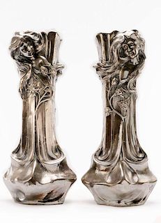 Pair, Art Nouveau Figural Silver Vases, Signed