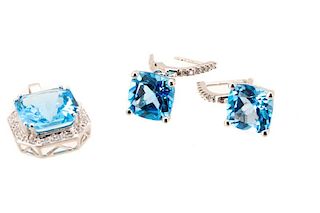 14k, Blue Topaz, & Diamond Pendant & Earrings