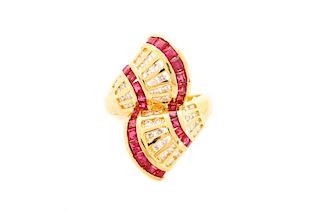 18k Ruby & Diamond Fan Style Bypass Ring