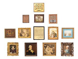 * Thirteen Framed Decorative Articles, Largest: 2 5/8 x 2 3/8 inches.
