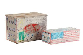 RA Miller 2 Folk Art Painted Found Boxes