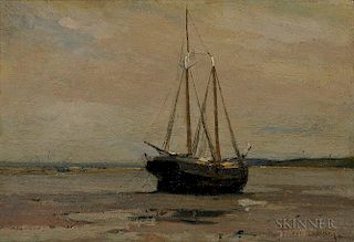 Charles Herbert Woodbury (American, 1864-1940)      Sailing Vessel Beached at Low Tide